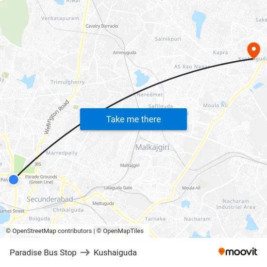Paradise Bus Stop to Kushaiguda map