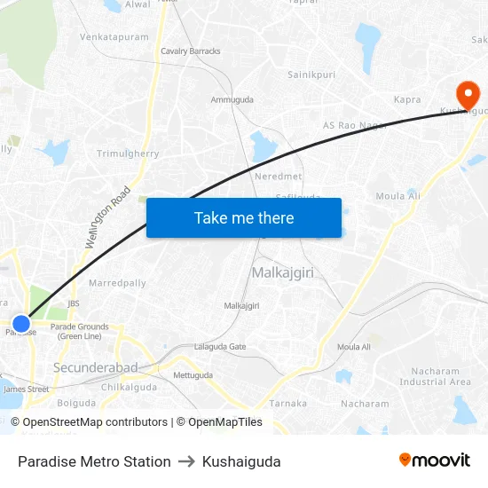 Paradise Metro Station to Kushaiguda map