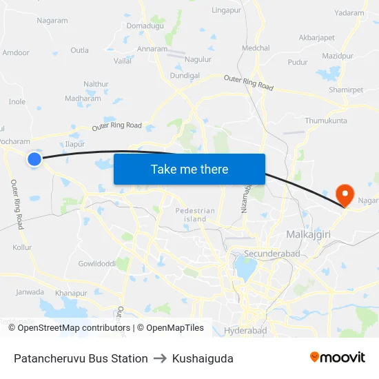 Patancheruvu Bus Station to Kushaiguda map