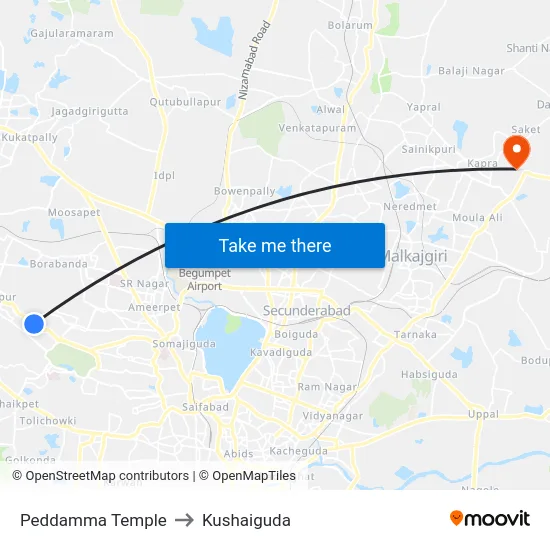 Peddamma Temple to Kushaiguda map