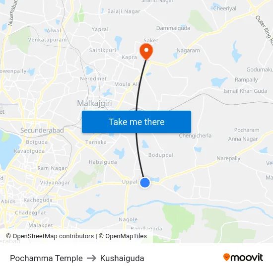 Pochamma Temple to Kushaiguda map