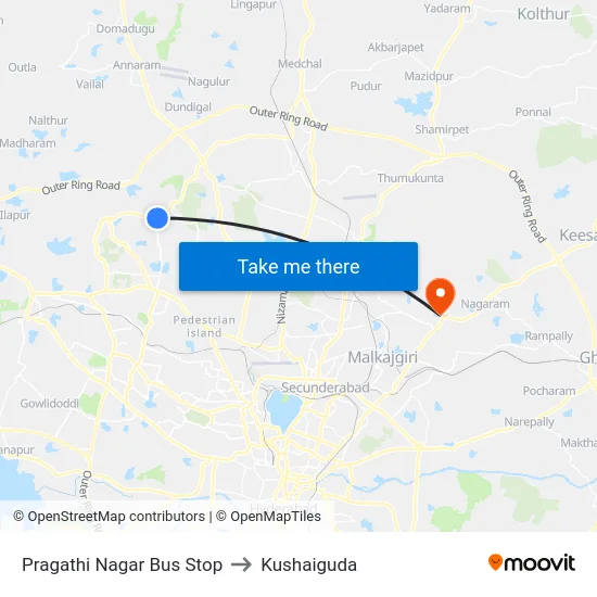 Pragathi Nagar Bus Stop to Kushaiguda map