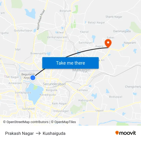 Prakash Nagar to Kushaiguda map
