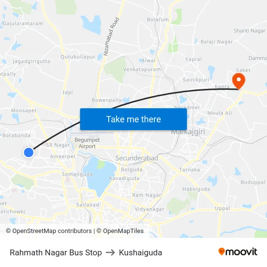 Rahmath Nagar Bus Stop to Kushaiguda map