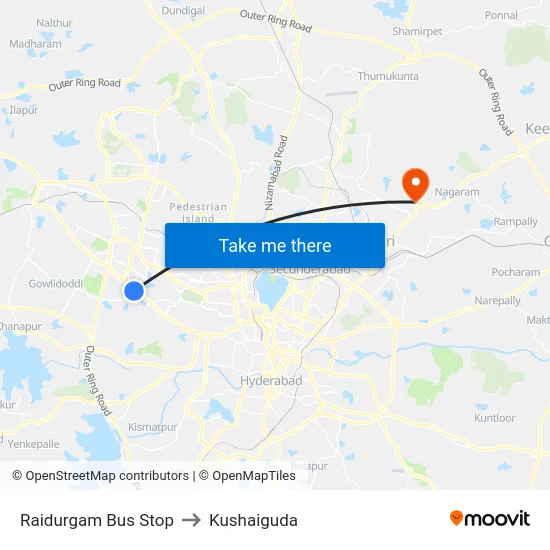 Raidurgam Bus Stop to Kushaiguda map