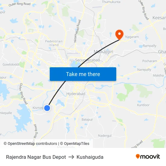 Rajendra Nagar Bus Depot to Kushaiguda map