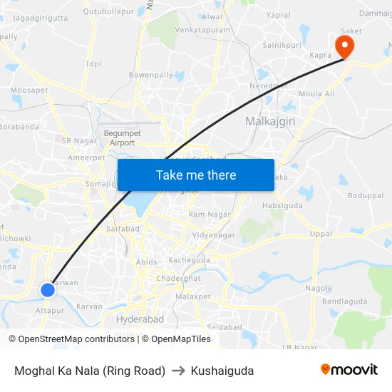 Moghal Ka Nala (Ring Road) to Kushaiguda map
