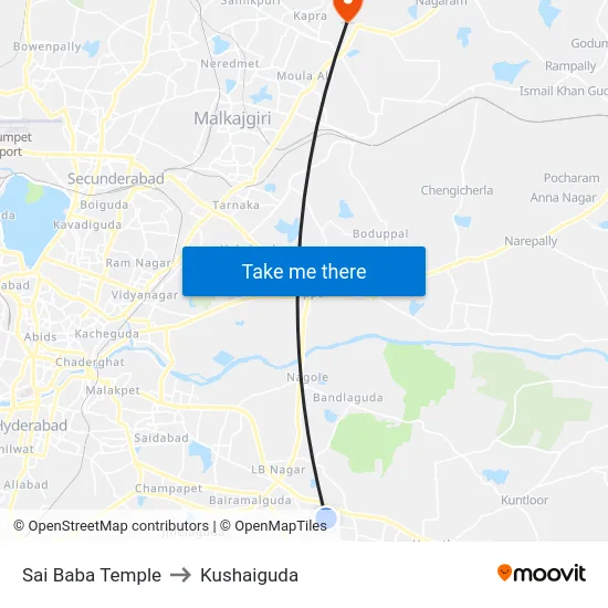 Sai Baba Temple to Kushaiguda map