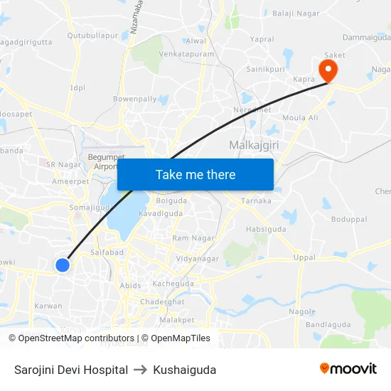 Sarojini Devi Hospital to Kushaiguda map
