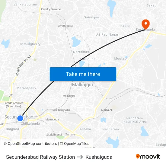 Secunderabad Railway Station to Kushaiguda map
