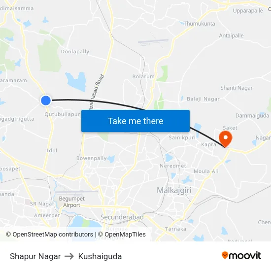 Shapur Nagar to Kushaiguda map