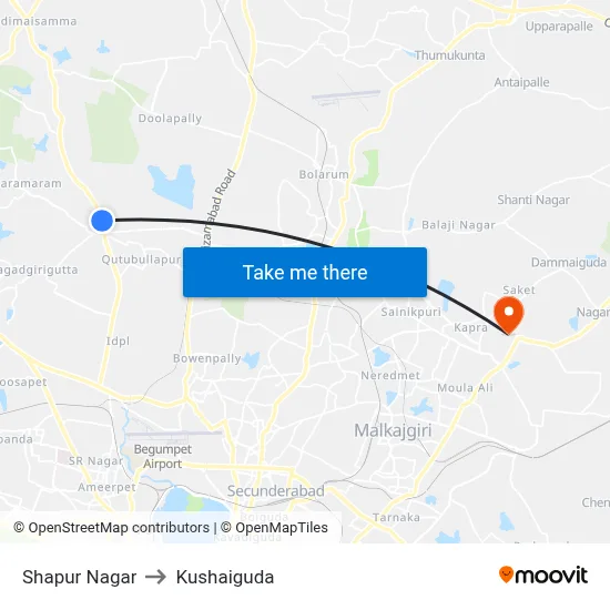 Shapur Nagar to Kushaiguda map