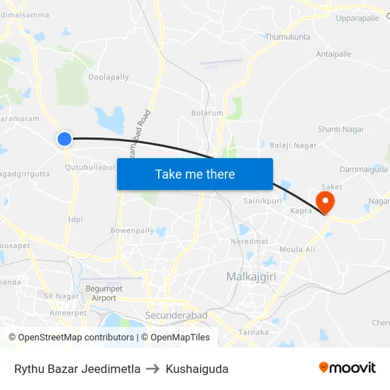 Rythu Bazar Jeedimetla to Kushaiguda map