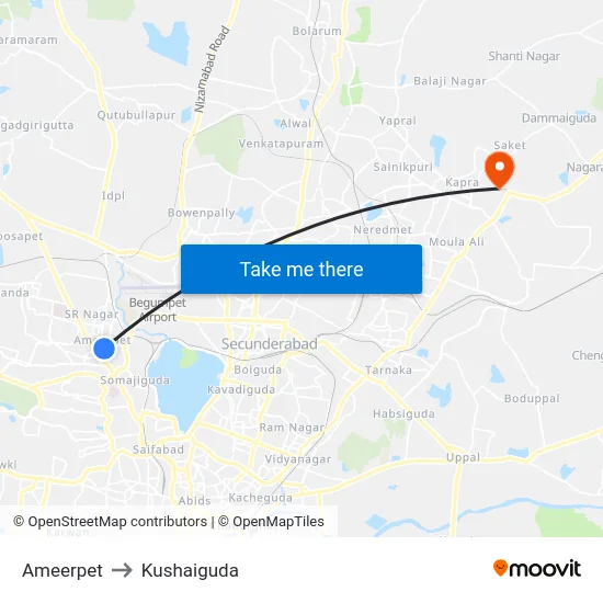 Ameerpet to Kushaiguda map