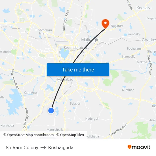 Sri Ram Colony to Kushaiguda map