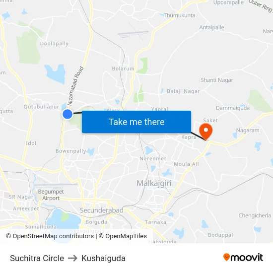 Suchitra Circle to Kushaiguda map