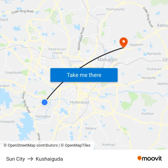 Sun City to Kushaiguda map