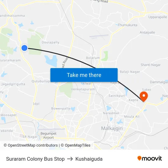 Suraram Colony Bus Stop to Kushaiguda map