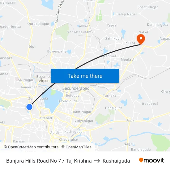 Banjara Hills Road No 7 / Taj Krishna to Kushaiguda map