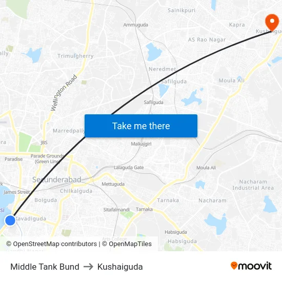 Middle Tank Bund to Kushaiguda map