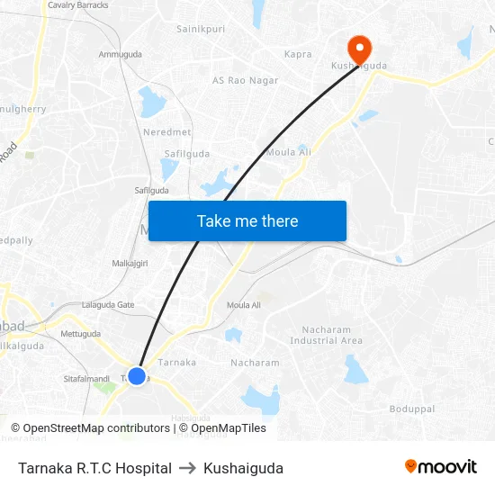 Tarnaka R.T.C Hospital to Kushaiguda map