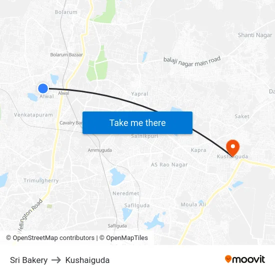 Sri Bakery to Kushaiguda map