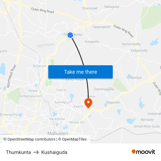 Thumkunta to Kushaiguda map