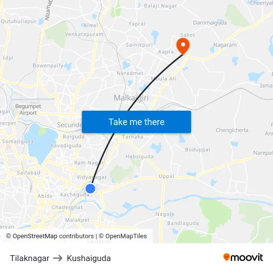 Tilaknagar to Kushaiguda map