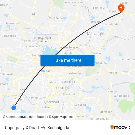 Upperpally X Road to Kushaiguda map