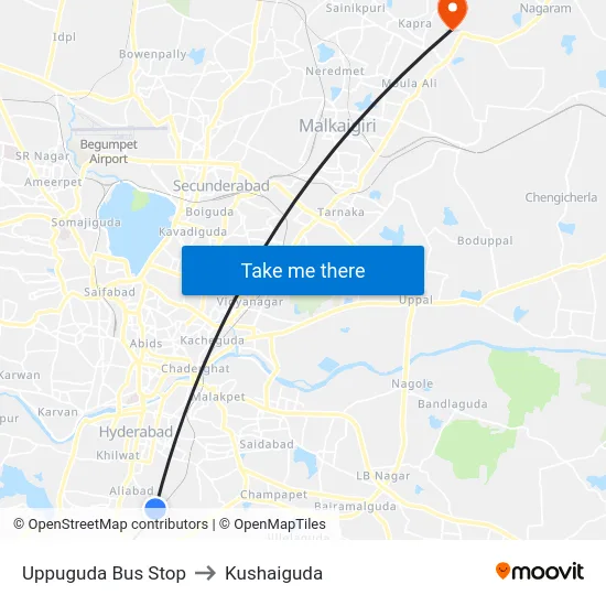 Uppuguda Bus Stop to Kushaiguda map