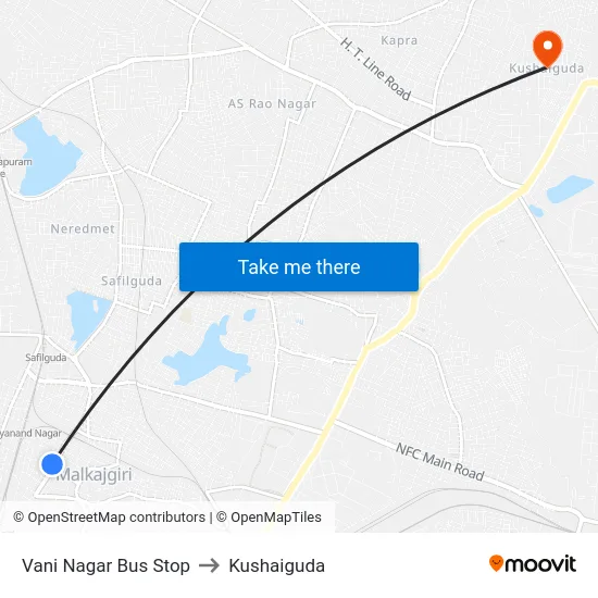 Vani Nagar Bus Stop to Kushaiguda map