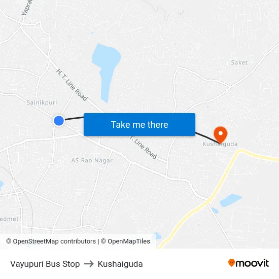 Vayupuri Bus Stop to Kushaiguda map
