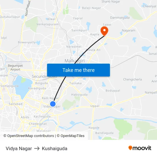 Vidya Nagar to Kushaiguda map