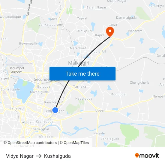 Vidya Nagar to Kushaiguda map