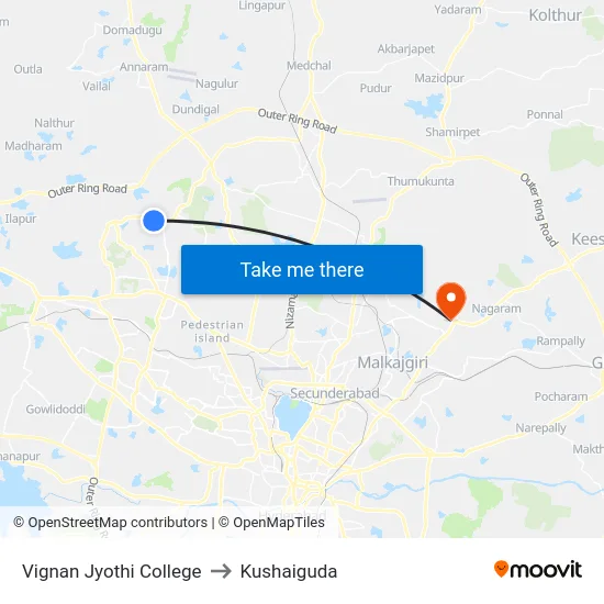 Vignan Jyothi College to Kushaiguda map