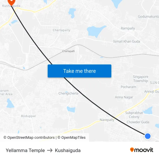 Yellamma Temple to Kushaiguda map