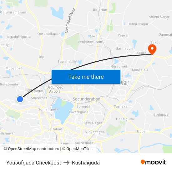 Yousufguda Checkpost to Kushaiguda map