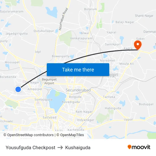 Yousufguda Checkpost to Kushaiguda map