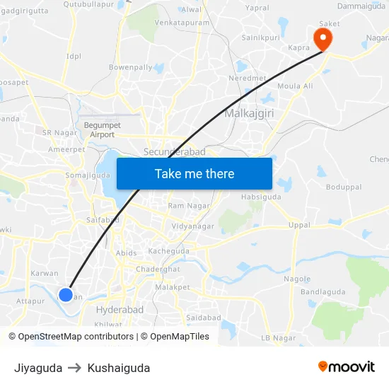 Jiyaguda to Kushaiguda map