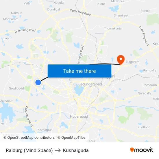 Raidurg (Mind Space) to Kushaiguda map