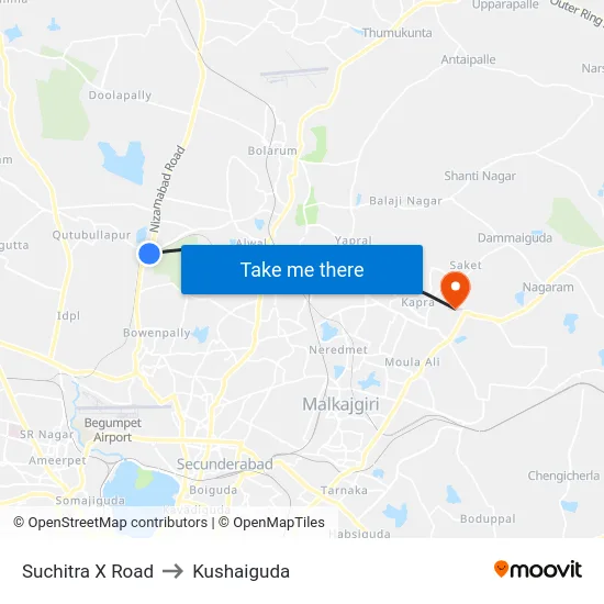 Suchitra X Road to Kushaiguda map