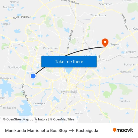 Manikonda Marrichettu Bus Stop to Kushaiguda map