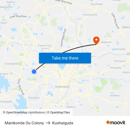 Manikonda Ou Colony to Kushaiguda map
