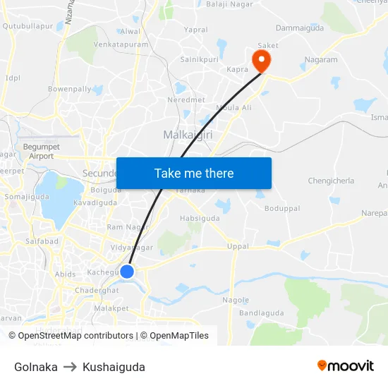 Golnaka to Kushaiguda map