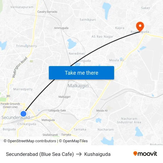 Secunderabad (Blue Sea Cafe) to Kushaiguda map