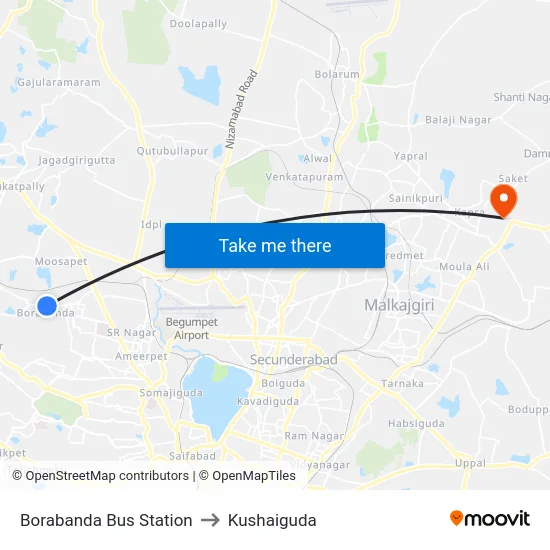 Borabanda Bus Station to Kushaiguda map