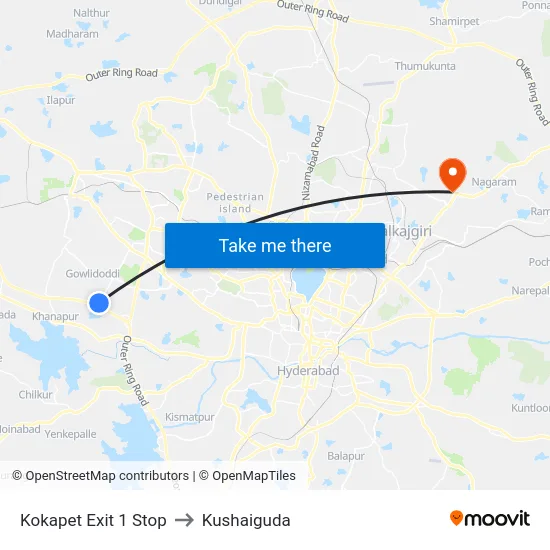 Kokapet Exit 1 Stop to Kushaiguda map