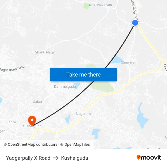 Yadgarpally X Road to Kushaiguda map