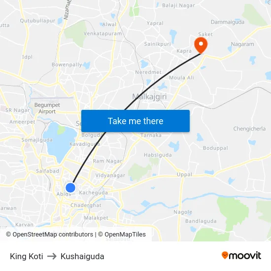 King Koti to Kushaiguda map