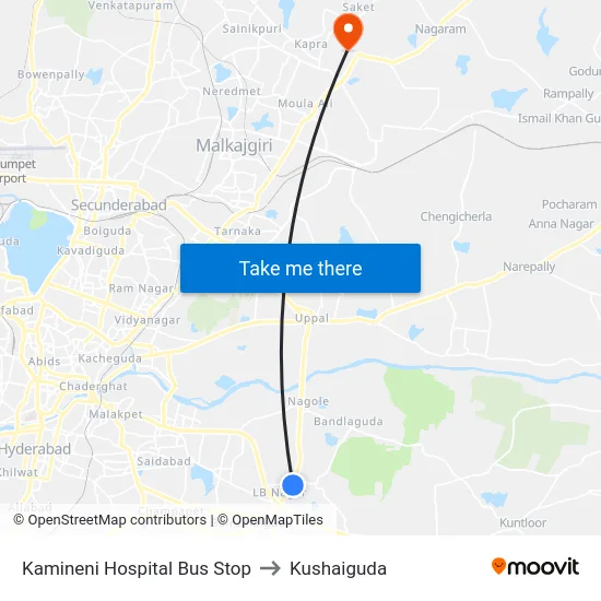 Kamineni Hospital Bus Stop to Kushaiguda map